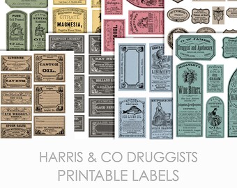 Harris and Co Druggist Labels Printable Collage Sheets for Junk Journals and Digital Scrapbooking