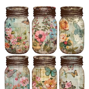 Boho Mason Jars Collage Sheet for Junk Journals and Fussy Cutting