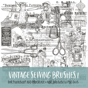 Vintage Sewing Brushes for Photoshop and Procreate with PNG Files for Commercial Use