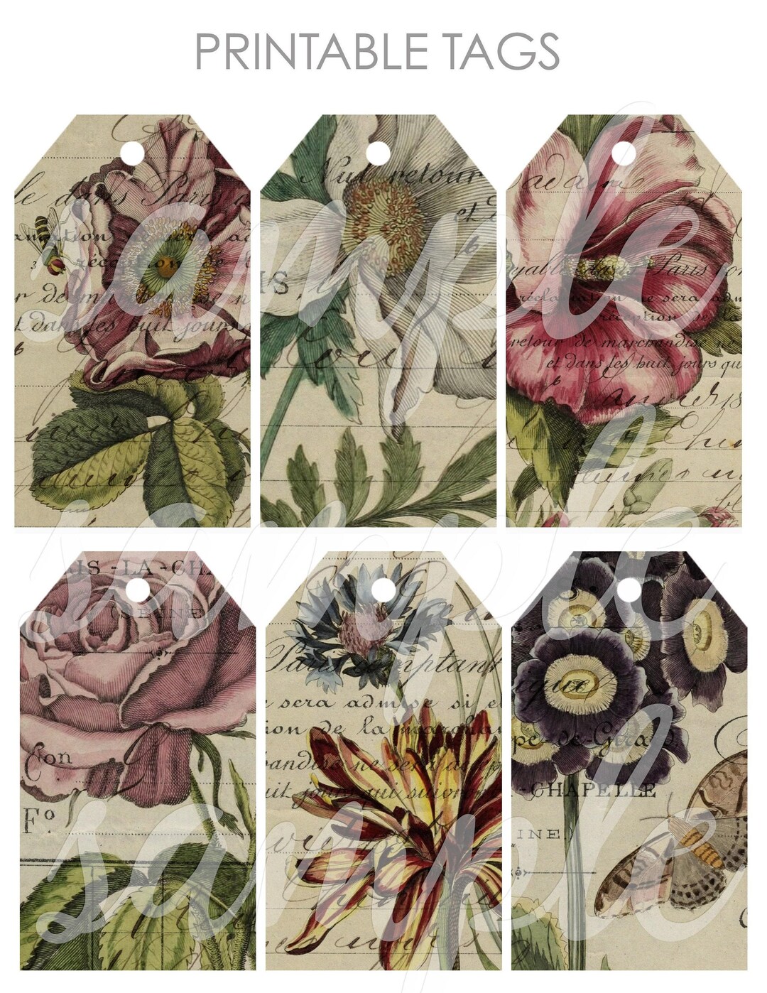 Floral 1 Mixed Media Journaling Tags Collage Sheet for Junk Journals - Etsy