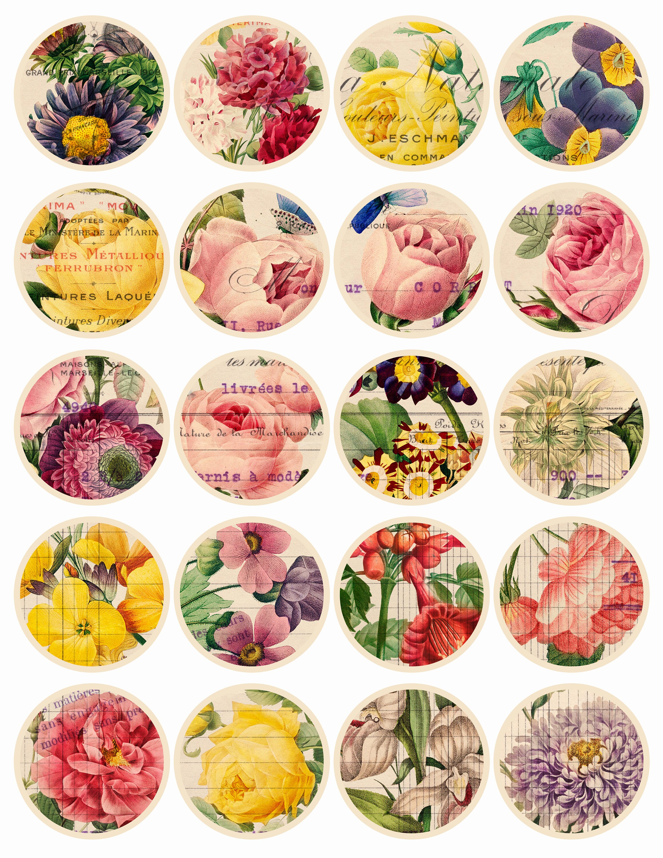 Botanicals 1 Printable Circle Stickers Collage Sheet For Junk Journaling, Digital Scrapbooking, Planners or Snail Mail