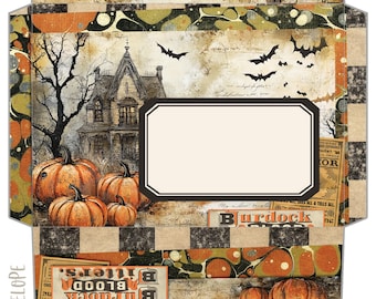Peut inclure: Un modèle d'enveloppe 5x7 à plat présentant un collage sur le thème d'Halloween avec des citrouilles orange, une maison hantée sombre, des arbres nus et des chauves-souris. Le design inclut des étiquettes vintage avec le texte Burdock Blood Bitters et Zanthor.