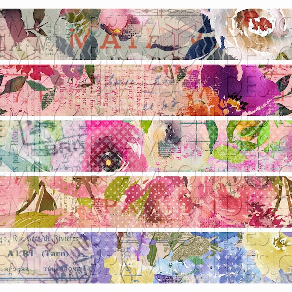 Watercolor Collage Bookmark Belly Band Collage Sheet for Junk Journaling, Digital Scrapbooking, Planners, or Paper Crafting