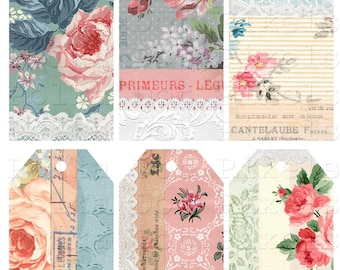 Shabby Floral Journaling Tags Collage Sheet for Junk Journals