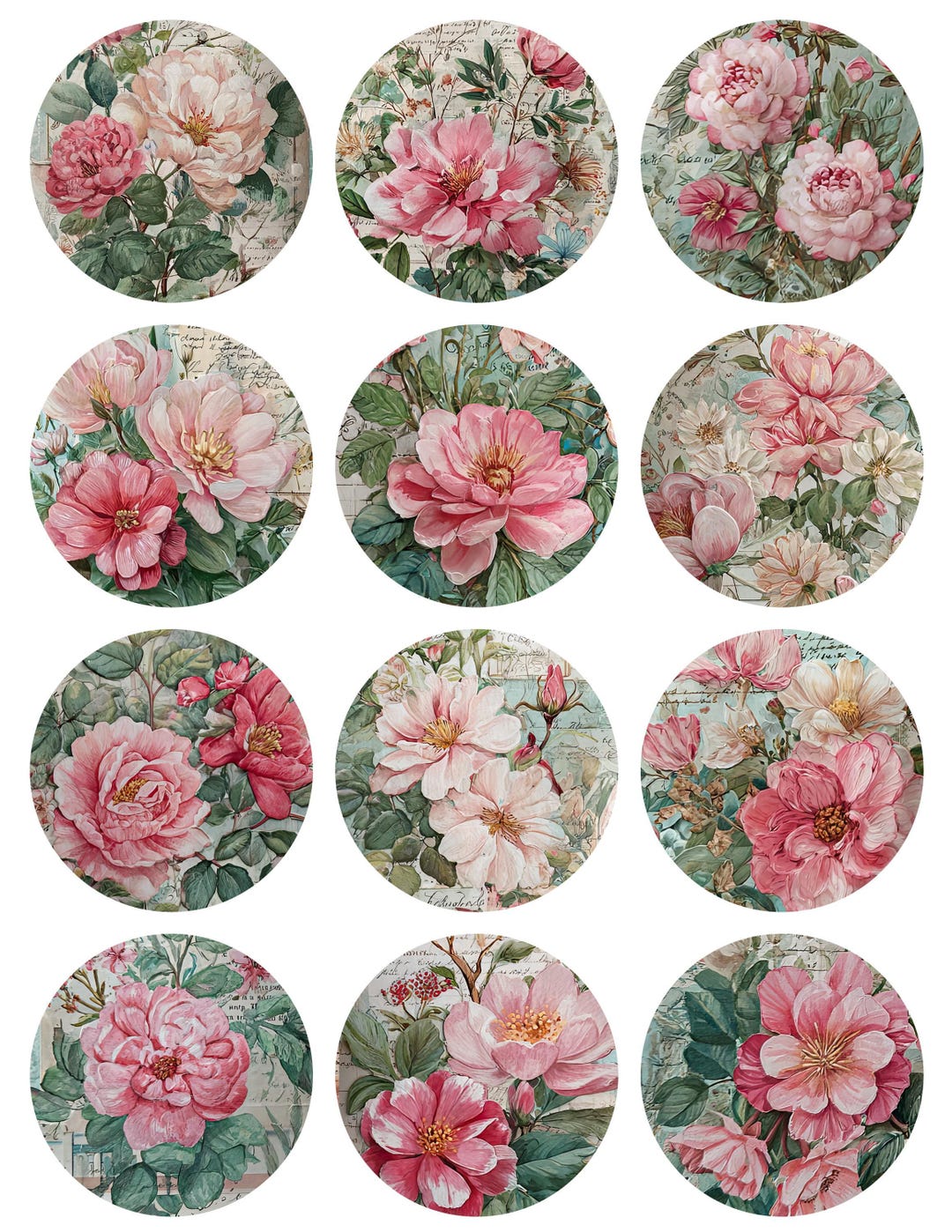 Round Sticker Rose Sweet Rose Printable Round Stickers Collage Sheet for Junk Journaling ...