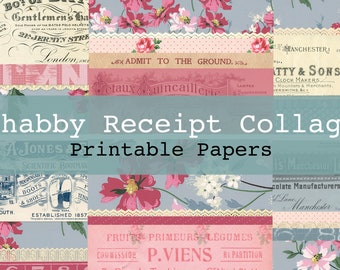 Shabby Receipt Collage Printable Digital Background and Journal Papers Junk Journal Kit