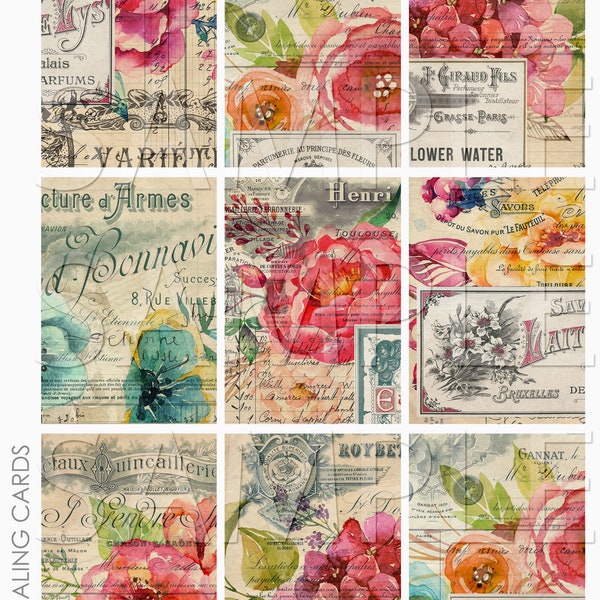 French Florals ATC ACEO Project Life Journaling Card Backgrounds Collage Sheet for Junk Journaling