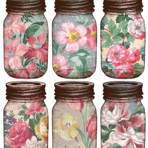 Hoja de collage de 8 frascos de vidrio con papel tapiz vintage para diarios basura y recortes.