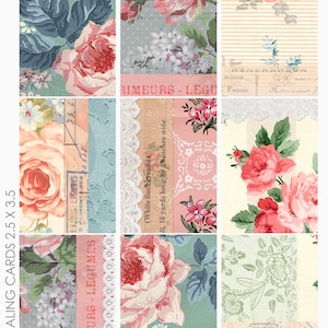 Hoja de collage de collage floral desgastado ATC ACEO Project Life Journaling con fondos para tarjetas para diario basura