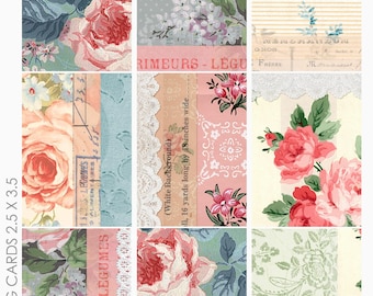 Collage floral shabby chic ATC ACEO, fondo para tarjetas de diario de vida, lámina de collage para diario basura