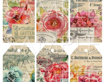 French Floral Mixed Media Journaling Tags Collage Sheet for Junk Journals