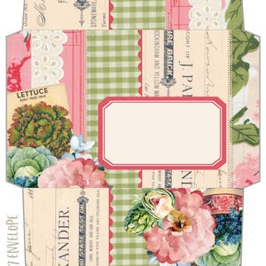 May include: A flat, unfolded 5x7 inch envelope template featuring a collage of vintage-style ephemera, green gingham patterns, white lace trim, and botanical illustrations of lettuce, cabbage, and pink flowers with a central blank label.