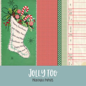 Può includere: Un design di carta stampabile a tema natalizio vintage. Il design presenta uno sfondo verde con una calza di Natale, bastoncini di zucchero e il testo "Merry Christmas and Happy New Year". Elementi aggiuntivi includono pois rossi e carta contabile.