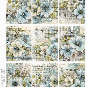 May include: A collage of nine journaling cards with a vintage aesthetic. Each card features watercolor floral designs in shades of blue, white, and green, with aged paper textures and faded text elements. The cards have various text elements.