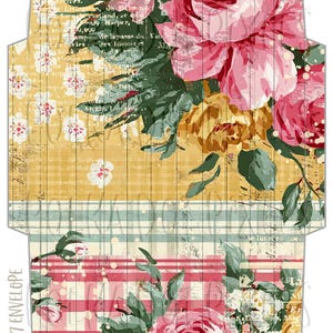 May include: A flat paper envelope template featuring a floral pattern with large pink roses, yellow flowers, and green leaves over a background of yellow plaid, text, and red stripes. The text 5 X 7 ENVELOPE is printed on the left side.