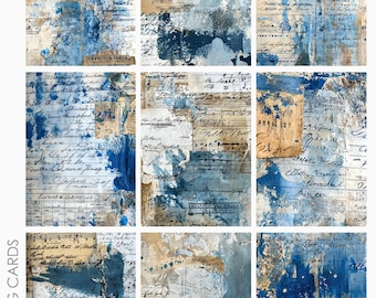 Blue Painted ATC ACEO Project Life Journaling Card Backgrounds Collage Sheet for Junk Journaling