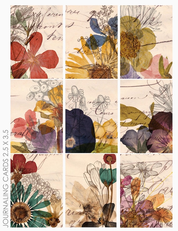 Pressed Mixed Media ATC ACEO Project Life Journaling Card Backgrounds Collage Sheet for Junk Journaling