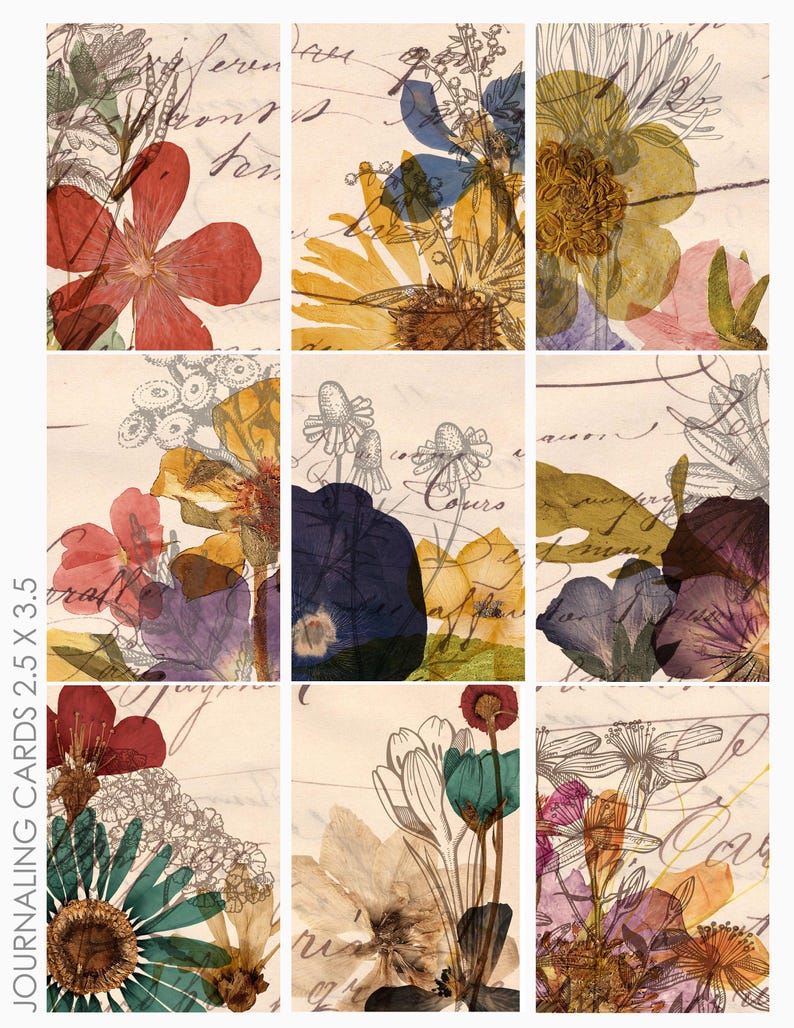 Pressed Mixed Media ATC ACEO Project Life Journaling Card Backgrounds Collage Sheet for Junk Journaling image 1