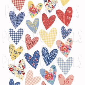 Linen Market Printable Hearts Stickers Fussy Cuts Collage Sheet For Junk Journaling, Digital Scrapbooking, Planners or Snail Mail