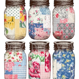 Patchwork 2 Printable Mason Jars Collage Sheet for Junk Journals and Fussy Cutting