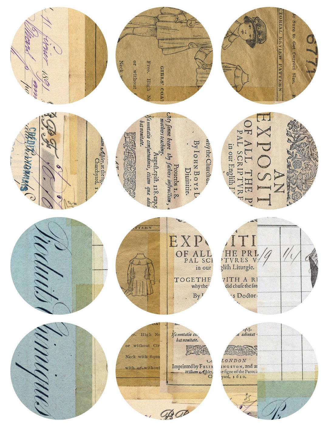 Printable Circle Stickers Collage Sheet No. 13 for Junk Journaling