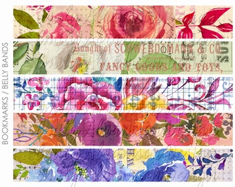 Printable Watercolor Florals 2 Bookmark Belly Band Collage Sheet for Junk Journaling, Digital Scrapbooking, Planners, or Paper Crafting