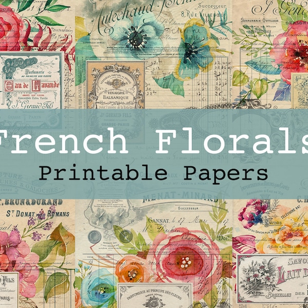 French Florals Printable Digital Background and Journal Papers Junk Journal Kit