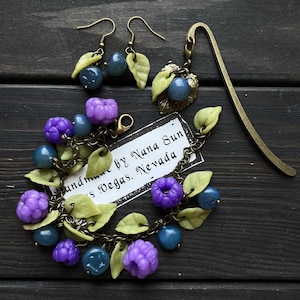 Handmade Clay Charm Jewelry: Raspberry Bracelet,  Blueberry Earrings, Whimsical Bookmark