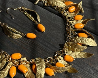 Handmade Clay Sea Buckthorn Bracelet and Earrings: Bronze Leaf Jewelry Set