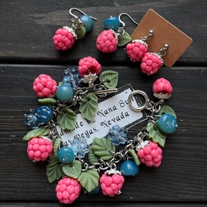 Handmade Clay Charm Jewelry: Raspberry Blueberry Bracelet,  Cottagecore Fruit Studs