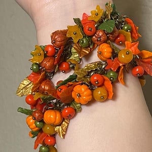 Handmade Clay Autumn Bracelet: Pumpkin & Leaf Rowan Berry Fall Jewelry image 7