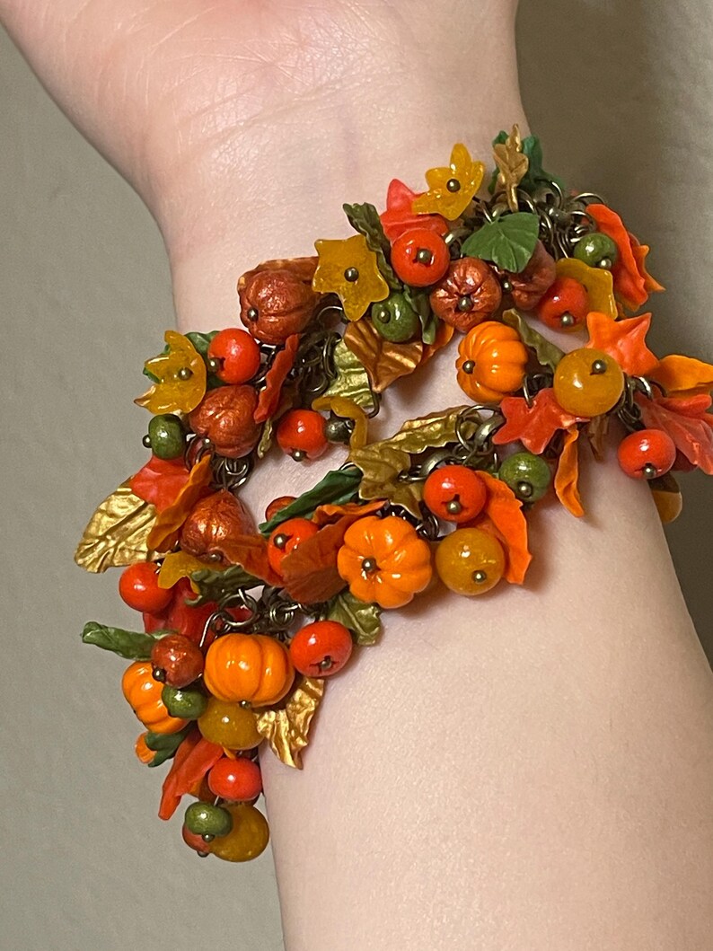 Handmade Clay Autumn Bracelet: Pumpkin & Leaf Rowan Berry Fall Jewelry image 7