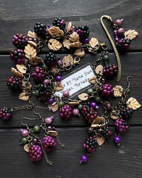 Handmade Clay Charm Jewelry: Blackberry Bracelet, Berry Earrings, Whimsigoth Bookmark