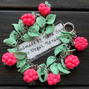 Handmade Clay Charm Jewelry: Neon Raspberry Bracelet,  Pastel Leaf Charms, Whimsical Accessory