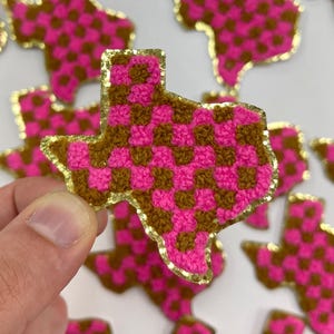 Texas Checkered Patch, Hot Pink & Brown, Texas State Iron On Patch, Texas Chenille Patch, Texas Patches, Trucker Hat Patch, Diy Patch #190