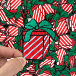 Christmas Present Patch, Christmas Gift, Christmas Present Embroidered Patch, Iron On Patch, Small Red Christmas Present Package #54