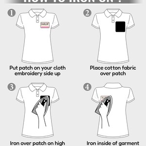 May include: An instructional graphic titled "HOW TO IRON ON ?" shows a white polo shirt with a patch, cotton fabric, and an iron. The steps include placing the patch, covering it with fabric, ironing the front, and ironing the inside.