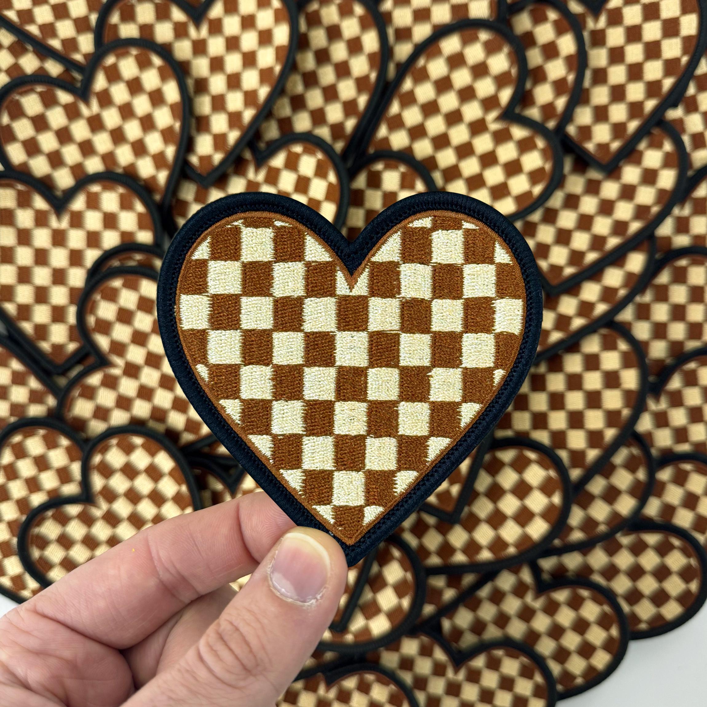 Brown and Taupe Checkered Heart Patch, Heart Iron On Patch, DIY Patch, Checker Heart Patch, Trucker Hat Patch, Embroidered Heart Patch #135