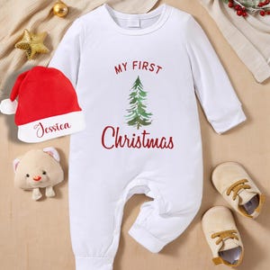 Personalized Baby 1st Christmas Romper, My 1st Christmas Outfit with Santa Hat, Cusotm Newborn White Black Gray Long Sleeve Romper Gift