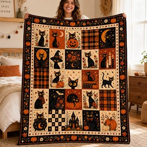Halloween Patchwork Quilt Set, Pumpkin Ghost Blanket, Spooky Fall Bedding, Cute Black Cat Bat Quilt, Spooky Season Decor, Halloween Gift