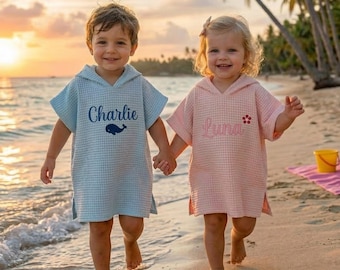 Personalized Embroidered Name Wafle Cotton Hooded Towel, Custom Baby Beach Gift, Embroidered Kids Bath Towel Hooded, Baby Shower Gift