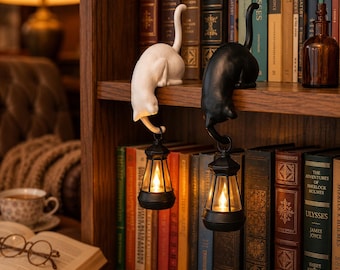 Halloween Cat Lantern Decor, Ghost Bookshelf Lamp, Gothic Book Decor, Cat Hook Bookend Light, Book Lover Gift, Dark Academia Shelf Light