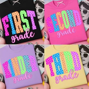 Neon Checkered Back To School Png Bundle, Kindergarten Png, First/Second/Third Grade Png, Preppy 1st Day of School Png, Teacher School Png