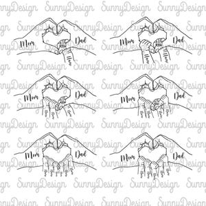 以下が含まれることがあります： 2つの手がハートの形を作り、その中に小さな手が描かれた白黒の線画。手の外側に「ママ」と「パパ」の文字が書かれており、手の内側に「家」の文字が書かれている。