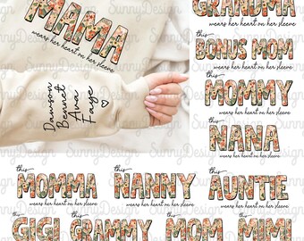 Paquete de mamá bohemia PNG, personaliza esta abuela con corazón en la manga PNG, Día de la Madre, sudadera personalizada con estampado floral de mamá y nombre de niño