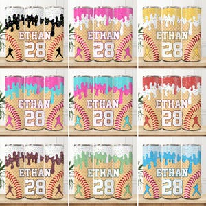 May include: Nine different designs of a 20 oz. stainless steel tumbler with a baseball and ice cream theme. The tumblers feature a baseball with a waffle pattern, dripping ice cream, and sprinkles. The text "Ethan 28" is on the baseball.