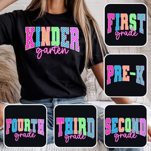 Neon Checkered First/ Second/ Third Grade Png Bundle, Preppy Back To School, Pre-k Colorful School Teacher Png, First Day Of School, Varsity
