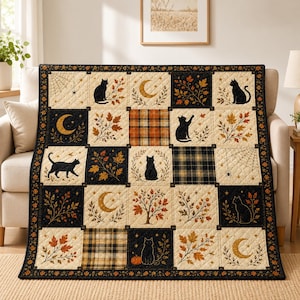 Halloween zwarte katten deken, herfst patchwork sprei, heksenachtige maan spinnenweb plaid, gotische herfst woondecoratie, gezellig cadeau voor kattenliefhebbers