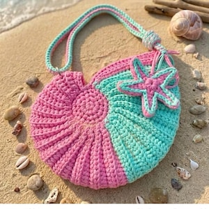 May include: A handmade crochet bag in a seashell design, featuring pink and turquoise sections. The bag has a matching handle and a starfish accent. The text "INCLUDED 24 COLORS" is at the bottom of the image.