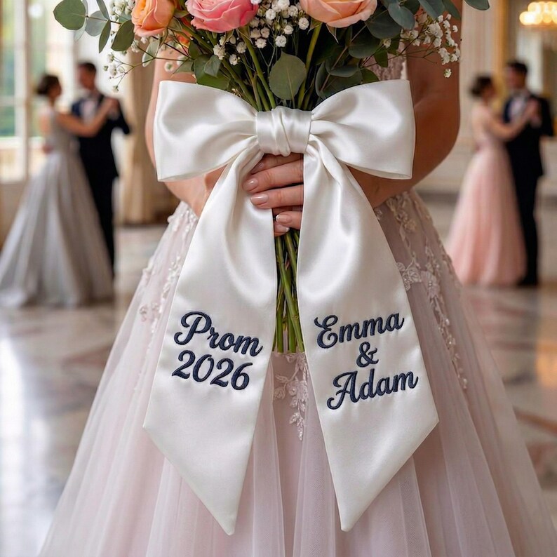 Prom Streamers Embroidered Prom Bouquet Sash, Custom Prom 2026 Bow, Personalized ...